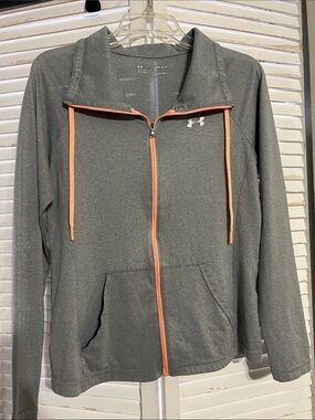 Under Armour Soft Gray Fitted Performance Top with Full Zip and Coral Trim- Med